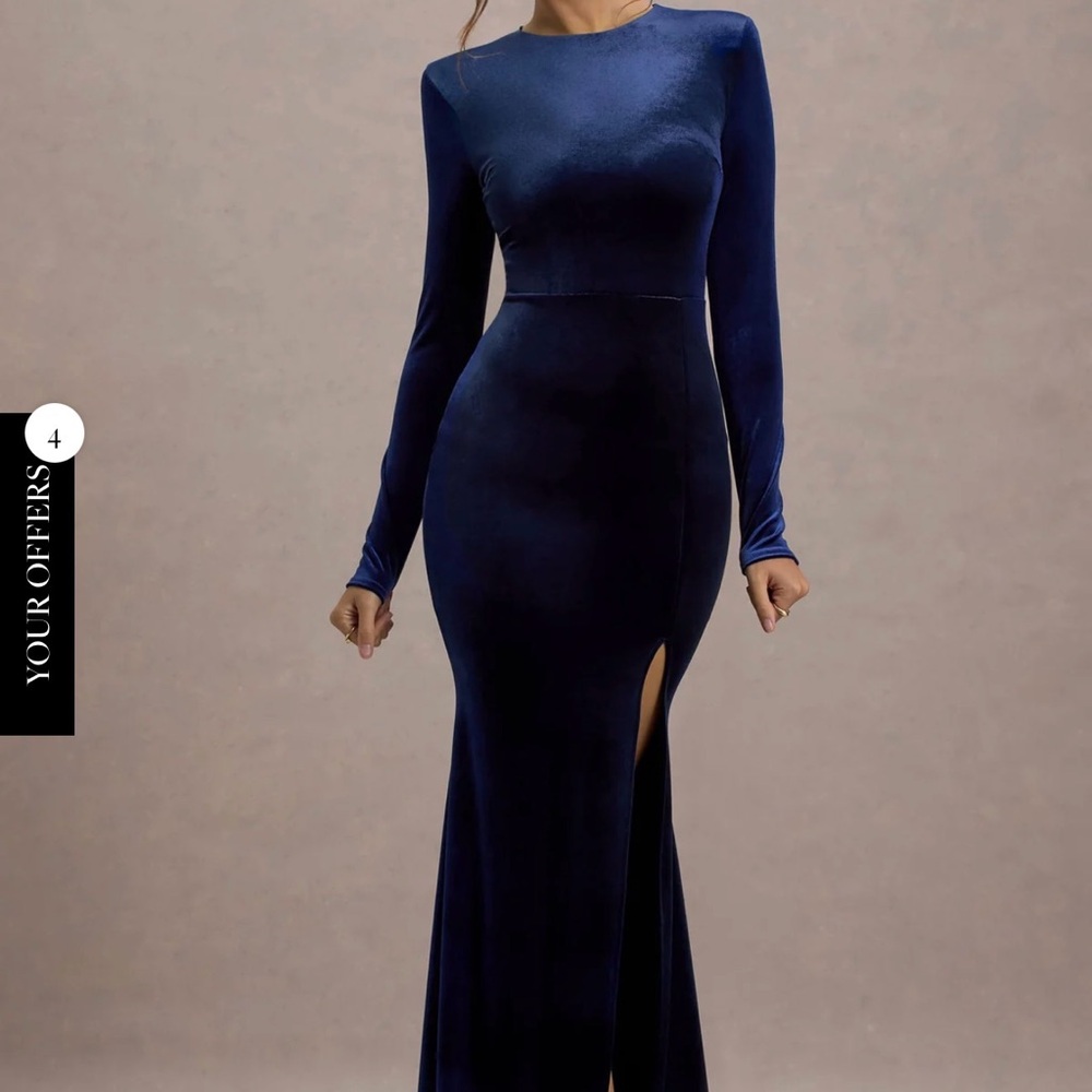 NWT Club L Rayla Navy Velvet Maxi Dress Slit Long Sleeve Fae Elegant Bodycon 16